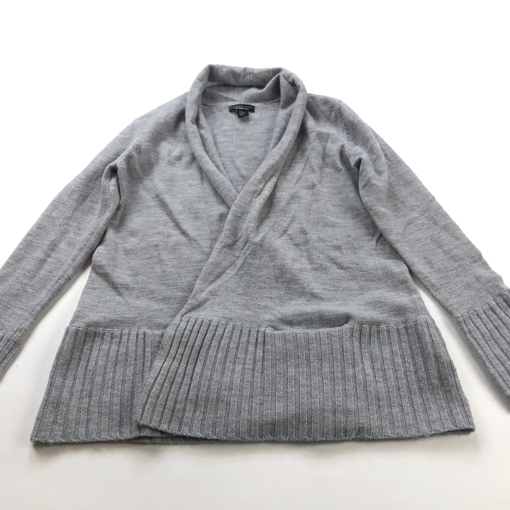 Carole Little Medium 100% Merino Wool Open Front Cardigan Sweater Gray